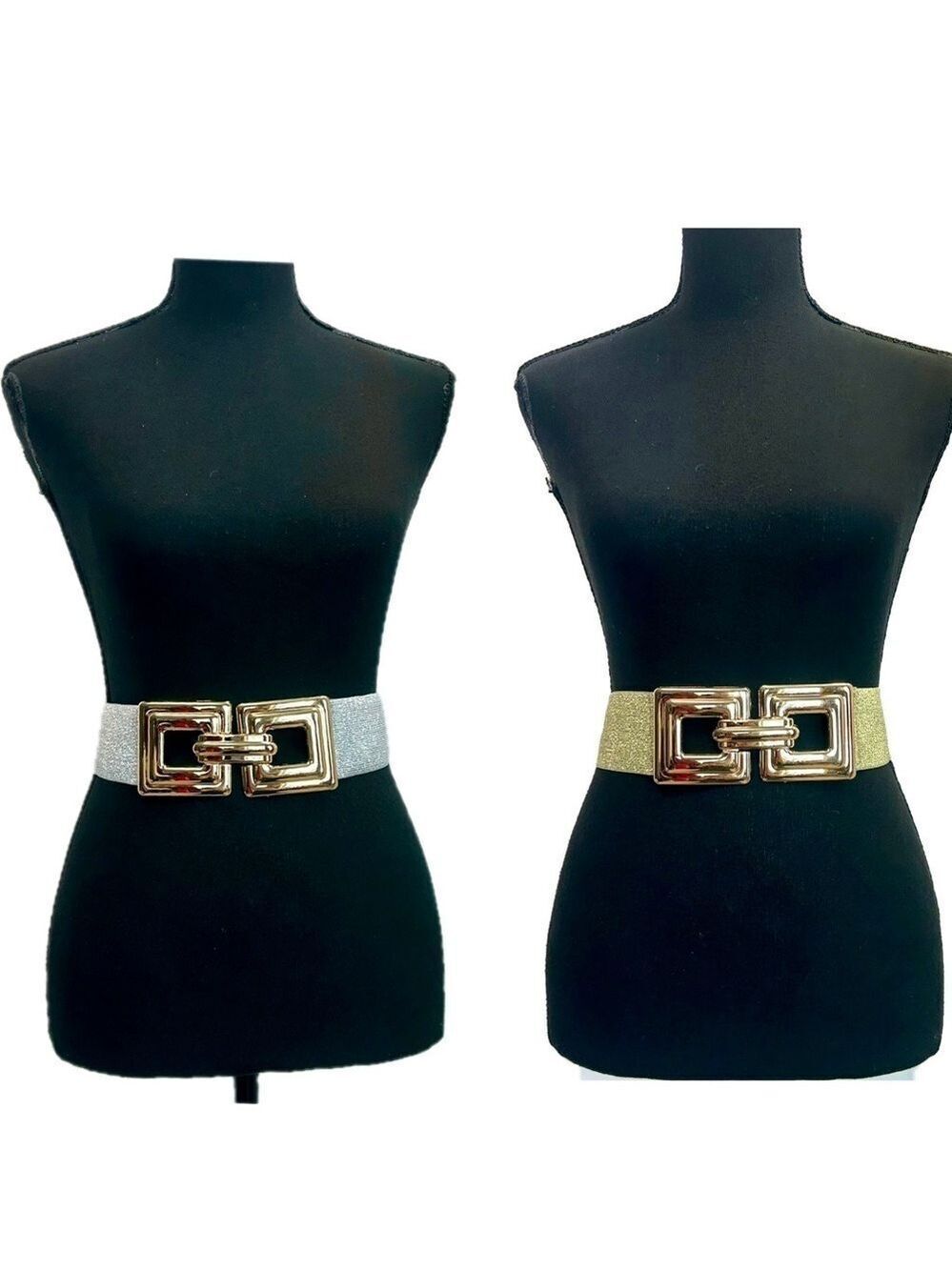 Two gold silver metallic glitter stretchy buckle belts thick band Sz S